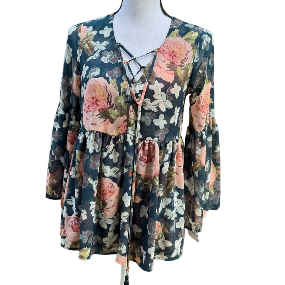 Show Me Your Mumu Sheer Floral Bell Sleeve Blouse Size Small